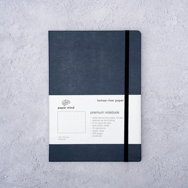 The Paper Mind Tomoe River Hardcover Notebook for Fountain Pens Dot Grid Made In Japan Navy Blue Cover Packaging