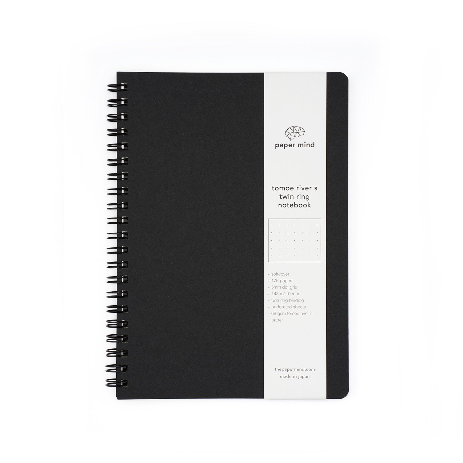 The Paper Mind Tomoe River Twin Ring Spiral Fountain Pen Friendly Notebook - A5 - Dot Grid - Made in Japan Black 