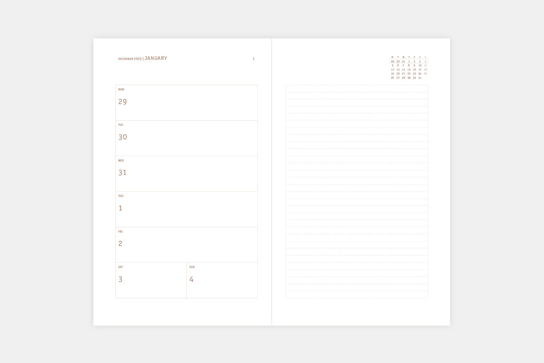 Papierniczeni Copper Light Calendar 2026 Weekly Spread