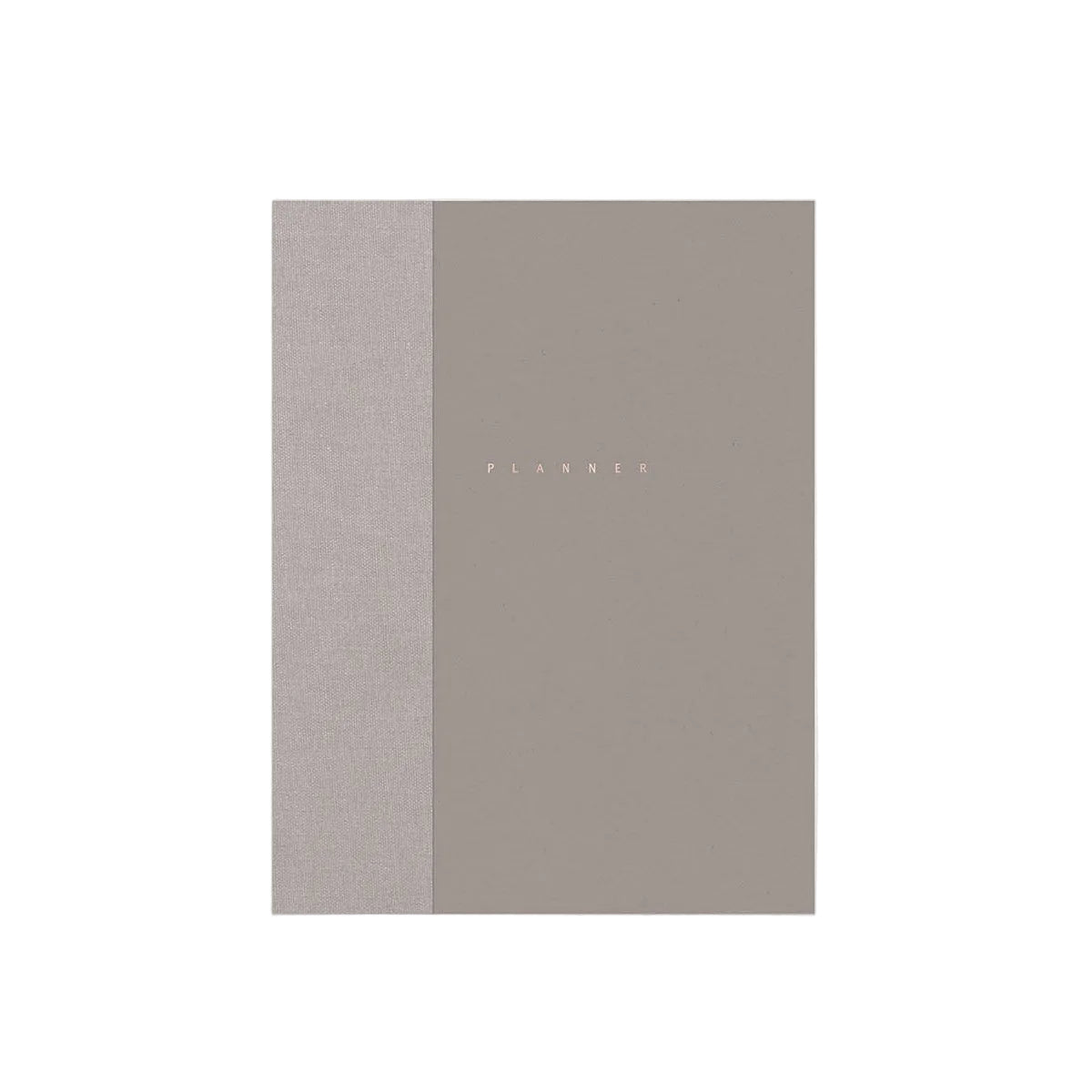 A minimalist planner with a dual-tone taupe cover, featuring a textured linen-like vertical band on the left and a smooth matte panel on the right with the word 'PLANNER' in small gold letters, set against a clean white background. Papierniczeni Klasyk Undated Planner Fountain Pen Friendly Earth