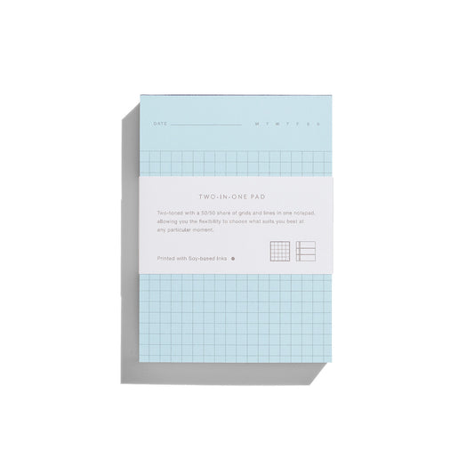 2-in-1 Notepad in Blue and Green with bellyband packagin by Before Breakfast. Grid and ruled sheets. Made in England and fountain pen friendly.