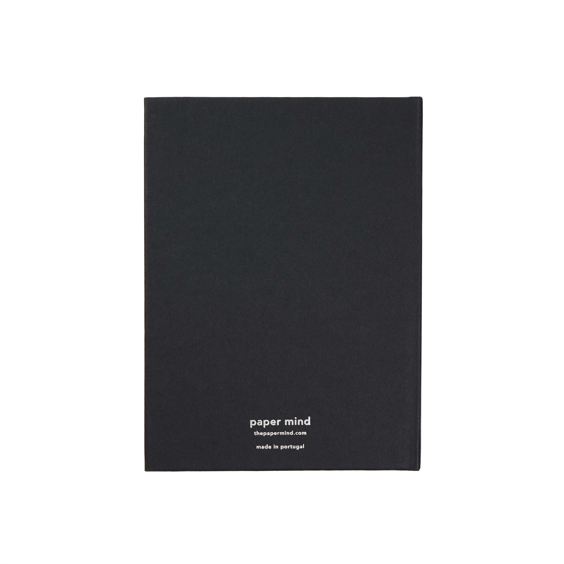 back of a black blocker paper notebook with the paper mind silver foil logo against a white background