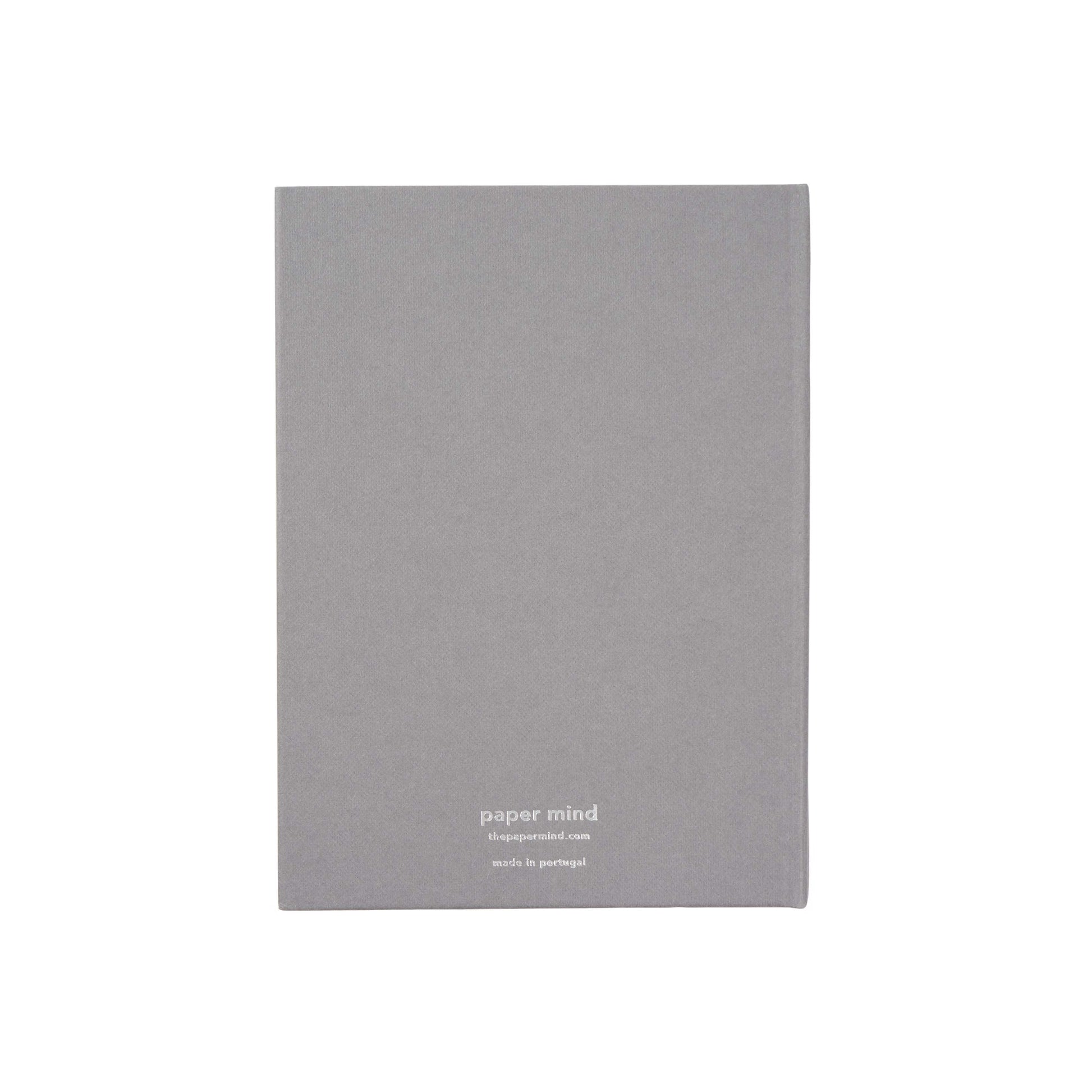 back of blocker paper notebook with the paper mind silver foil logo against a white background