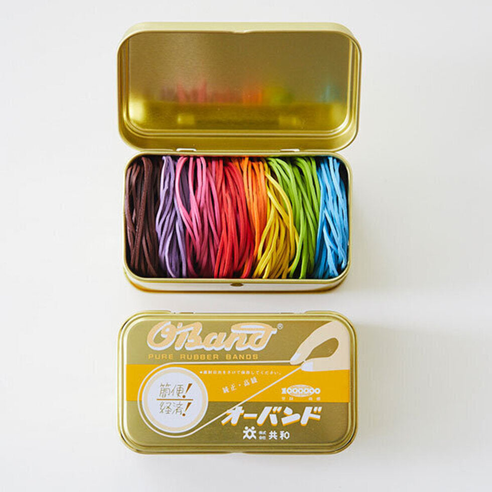 Kyowa O'Band Rubber Bands in Gold Tin 8 rainbow colors. Gold tin open