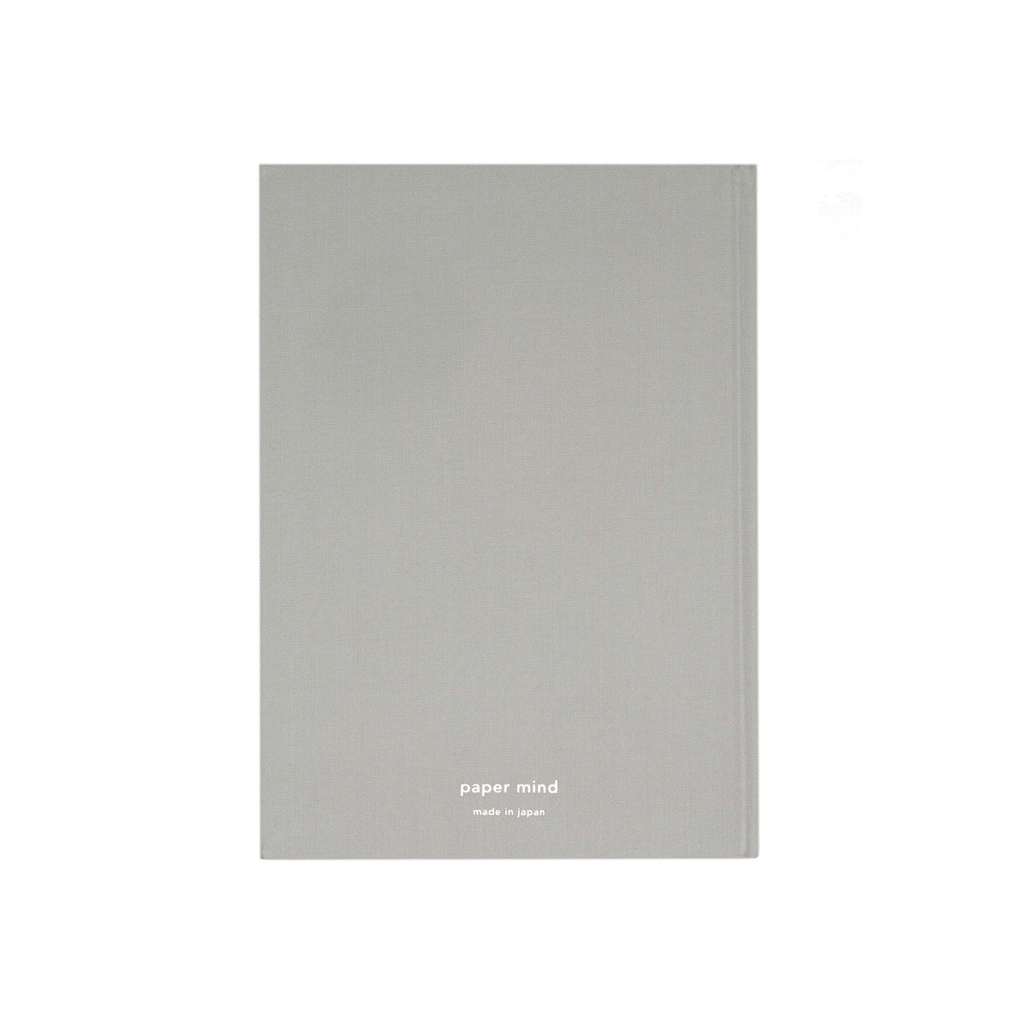 The Paper Mind Passepied Cream Hardcover Notebook. Fountain pen friendly Journal. Light gray Japanese Linen Cover. Back cover shown with The Paper Mind silver foil logo