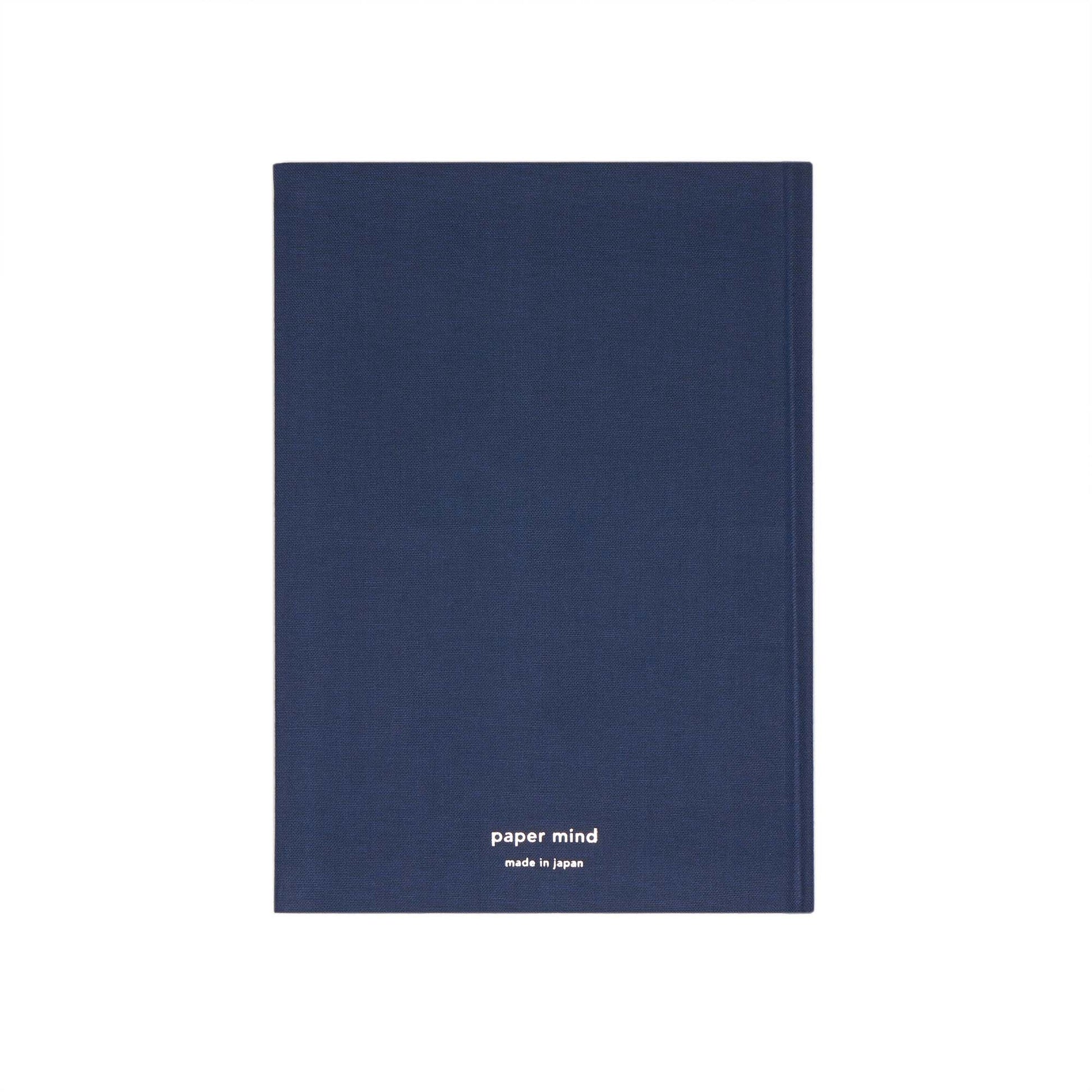 The Paper Mind Cosmo Air Light Hardcover Notebook. Fountain pen friendly Journal. Navy Blue Japanese Linen Cover. Back cover shown with The Paper Mind silver foil logo
